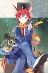  1boy animal_ears blue_eyes cat cat_boy cat_ears cat_tail chalkboard formal gloves hat long_sleeves looking_at_viewer male_focus necktie official_art red_hair saibai_shounen second-party_source short_hair sitting solo suit tail tails_(saibai_shounen) top_hat 