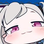  1girl :3 blue_archive blush chibi close-up closed_mouth face grey_hair highres long_hair looking_at_viewer mutsuki_(blue_archive) purple_eyes smile smug solo unglyung 