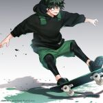  1boy absurdres black_footwear black_hoodie black_legwear boku_no_hero_academia freckles green_hair green_shorts highres hood hood_down hoodie leggings male_focus midoriya_izuku shorts skateboard skateboarding solo twitter_username ushi3_moo 