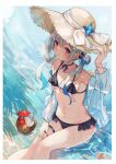  1girl amane_kanata beach bikini blue_hair bracelet breasts coconut colored_inner_hair drinking_straw frilled_bikini frills grey_hair hair_rings hat highres hololive jacket jacket_partially_removed jewelry long_hair miakiuehashi midriff multicolored_hair navel purple_eyes sitting small_breasts solo starfish straw_hat swimsuit thigh_strap twintails virtual_youtuber water 