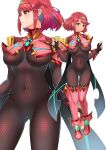  absurdres adapted_costume bangs bodysuit breasts chest_jewel earrings fingerless_gloves gloves highres jewelry large_breasts pyra_(xenoblade) red_eyes red_hair short_hair simple_background solo swept_bangs tiara white_background xenoblade_chronicles_(series) xenoblade_chronicles_2 yuda_nf 