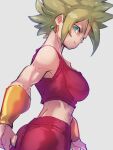  1girl blonde_hair blue_eyes breasts closed_mouth commentary_request dragon_ball dragon_ball_super earrings from_side jewelry kefla_(dragon_ball) kemachiku looking_at_viewer medium_breasts midriff_peek muscular muscular_female pants potara_earrings red_pants red_shirt shirt solo spiked_hair super_saiyan vambraces white_background 
