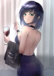  1girl absurdres alcohol art_rat backless_dress backless_outfit bangs bare_back bare_shoulders blue_dress blue_eyes blunt_bangs breasts commentary cup cupping_glass curtains dress genshin_impact grin highres holding holding_cup indoors looking_at_viewer medium_breasts purple_hair short_hair smile solo upper_body wine yelan_(genshin_impact) 