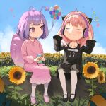  2girls anya_(spy_x_family) balloon big_head black_dress closed_eyes crossover dress field flower flower_field hairpods headphones highres mary_janes multiple_girls musical_note outdoors phone pink_dress pink_hair purple_hair shoes snail_girl snail_shell snailchan snails_house spy_x_family sunflower teasmacker 