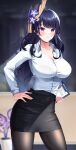  1girl alternate_costume black_legwear black_skirt blue_hair blurry blurry_background bra_visible_through_clothes breasts buttons cleavage commentary_request genshin_impact hair_ornament hand_on_hip highres holding lancheu large_breasts long_hair long_sleeves looking_at_viewer office_lady pantyhose parted_lips pink_eyes raiden_shogun shiny shiny_hair shirt skirt solo standing white_shirt 
