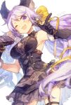  1girl animal_ears asymmetrical_gloves black_dress black_gloves breasts dated dress gloves granblue_fantasy kiwr large_breasts long_hair microphone purple_eyes purple_hair satyr_(granblue_fantasy) signature thigh_strap twintails white_background 