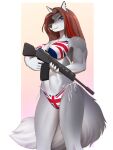  2022 3:4 5_fingers amur anthro athletic athletic_anthro athletic_female biceps bikini bikini_bottom bikini_top black_nose blue_eyes breasts brown_hair canid canine canis claws cleavage clothed clothed_anthro clothed_female clothing dipstick_tail eyebrows eyelashes female female_anthro finger_claws fingers flag_bikini fur gloves_(marking) grey_body grey_fur gun hair hi_res highlights_(coloring) holding_gun holding_object holding_ranged_weapon holding_rifle holding_weapon jeanne_de_havilland mammal markings notched_ear partially_clothed_anthro partially_clothed_female pinup pose ranged_weapon red_hair red_highlights rifle solo standing string_bikini swimwear tail tail_markings trigger_discipline union_jack_bikini weapon wolf 