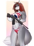  2022 5_fingers amur anthro athletic athletic_anthro athletic_female bikini bikini_bottom bikini_top black_nose blue_eyes breasts canid canine canis claws cleavage clothed clothing female finger_claws fingers flag_bikini fur grey_body grey_fur gun hair hi_res holding_gun holding_object holding_rifle holding_weapon jeanne_de_havilland mammal notched_ear pinup pose ranged_weapon red_hair rifle solo standing string_bikini swimwear trigger_discipline union_jack_bikini weapon wolf 