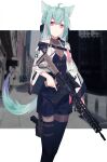  1girl animal_ear_fluff animal_ears ar-15 assault_rifle bangs bare_shoulders braid breasts collarbone commentary extra_ears fox_ears fox_girl fox_tail green_hair gun hair_between_eyes handgun highres holding holding_gun holding_weapon holster holstered_weapon jacket long_hair long_sleeves looking_at_viewer nagishiro_mito original red_eyes ribbon rifle scope shorts side_braid sidelocks small_breasts solo tail tail_raised thigh_holster thigh_strap thighhighs trigger_discipline weapon white_jacket zettai_ryouiki 