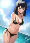  1girl :d arms_behind_back bangs bare_shoulders bikini black_bikini black_hair black_ribbon blue_eyes blue_sky blush breasts cleavage cloud collarbone cowboy_shot day highres horizon kubong large_breasts looking_at_viewer mole mole_on_breast navel ocean open_mouth original outdoors ribbon short_hair side-tie_bikini sky smile solo stomach swimsuit water water_drop 