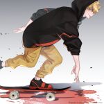  1boy absurdres bakugou_katsuki black_footwear black_hoodie blonde_hair boku_no_hero_academia highres hood hood_up hoodie male_focus pants profile red_eyes skateboard skateboarding spiked_hair twitter_username two-tone_footwear ushi3_moo yellow_pants 