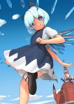  1girl blue_dress blue_eyes blue_hair cirno closed_mouth dress fairy highres huxiao_(mistlakefront) ice ice_wings puffy_short_sleeves puffy_sleeves shirt short_hair short_sleeves signature smile solo tongue tongue_out touhou white_shirt wings 