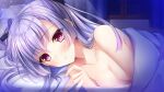  1girl bangs bed_sheet black_ribbon blush breasts cleavage closed_mouth game_cg hair_between_eyes hair_ribbon long_hair looking_at_viewer lugh_belflare lying nude on_side red_eyes ribbon senkou_no_clarias shiny shiny_hair small_breasts smile solo suzuhira_hiro under_covers white_hair 