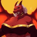  2022 anthro big_breasts breasts clothed clothing dark_clothing digital_media_(artwork) dragon fangs female gloves gold_(metal) hair handwear hi_res horn huge_breasts larger_female looking_at_viewer markings muscular muscular_female nude nyankyun540 partially_clothed red_body red_scales ryuuko_(nyankyun540) scale_markings scales simple_background size_difference smile solo standing teeth tongue white_hair wings yellow_eyes 