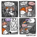  1:1 awoo biped canid canine canis clothed clothing comic dialogue digital_media_(artwork) english_text female feral flashlight forest full_moon group hair headgear headwear holding_flashlight holding_object howl human humor long_hair male mammal moon night orange_clothing orange_headwear outside plant pun quadruped rainbow_pride_colors running simple_eyes sky speech_bubble star starry_sky stated_homosexuality stated_sexuality text tree trio unknown_artist walking wolf 