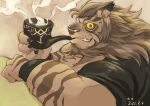  anthro felid grin hi_res kas20241013 kemono lion looking_at_viewer male mammal mane pantherine smile smoke smoking smoking_pipe solo 