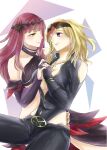  2girls bare_shoulders black_gloves blonde_hair breasts commentary_request detached_sleeves eye_contact gloves hasumi_rain holding_hands interlocked_fingers lady_j large_breasts long_hair looking_at_another multiple_girls purple_eyes purple_hair sitting sunglasses valkyrie_drive valkyrie_drive_-mermaid- xieyuan yellow_eyes yuri 