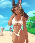 4girls absurdres animal_ears bare_arms bare_shoulders beach black_hair blue_sky breasts brown_eyes brown_hair cloud collarbone commentary cowboy_shot dark-skinned_female dark_skin day english_commentary flower hair_flower hair_ornament hand_on_own_shoulder highres large_breasts multicolored_hair multiple_girls navel one-piece_swimsuit original outdoors palm_tree rabbit_ears rob_ishi sky solo_focus swimsuit tree two-tone_hair white_swimsuit 
