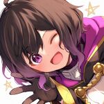  1girl ;d black_gloves black_hair close-up face fire_emblem fire_emblem_awakening gloves gradient_hair highres morgan_(fire_emblem) morgan_(fire_emblem)_(female) multicolored_hair nakabayashi_zun one_eye_closed open_mouth purple_eyes purple_hair robe smile solo star_(symbol) 