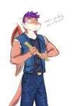  abigail_(stardew_valley) anthro bottomwear clothing crossgender denim denim_clothing dialogue dragon english_text ftm_crossgender fuze hi_res jeans male pants scalie simple_background solo stardew_valley talking_to_viewer text topwear torn_clothing vest western_dragon white_background 
