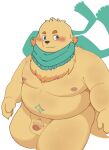  2022 anthro balls belly big_belly black_nose blush canid canine canis cu_sith_(tas) domestic_dog genitals haoming hi_res humanoid_genitalia humanoid_hands humanoid_penis kemono lifewonders male mammal moobs nipples overweight overweight_male penis scarf simple_background solo tokyo_afterschool_summoners video_games 