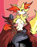  2022 3_fingers anthro bidul72476120 big_breasts blush body_writing breasts clothed clothing clothing_lift delphox dress dress_lift female fingers fur grin hi_res inner_ear_fluff navel nintendo orange_eyes pok&eacute;mon pok&eacute;mon_(species) pseudo_clothing red_background red_body red_fur sharp_teeth simple_background sitting smile solo stick teeth thick_thighs tuft video_games white_body white_fur yellow_body yellow_fur 