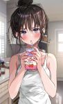  1girl bangs bare_arms blurry blush breasts brown_hair carton collarbone depth_of_field drink drinking_straw_in_mouth gradient_eyes hair_between_eyes hair_bun hands_up highres holding holding_carton holding_drink indoors looking_at_viewer medium_breasts messy_hair multicolored_eyes original purple_eyes saya_(mychristian2) shirt short_hair sidelocks single_hair_bun sleeveless sleeveless_shirt solo standing sunlight tank_top translation_request upper_body white_shirt 