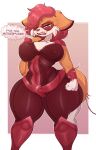  2022 absurd_res anthro big_breasts breasts canid canine cleavage clothed clothing coffilatte_(artist) crimson_countess_(the_boys) dialogue english_text fangs female fist fox fur green_eyes hair hi_res mammal nipple_outline orange_body orange_fur profanity red_hair signature simple_background solo superhero text the_boys thick_thighs tight_clothing white_background wide_hips 