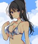  1girl bare_shoulders bikini black_hair blue_bikini blush breasts cleavage closed_mouth cloud collarbone curecu8 expressionless hand_up hibike!_euphonium highres kousaka_reina long_hair looking_at_viewer medium_breasts outdoors polka_dot polka_dot_swimsuit ponytail purple_eyes sky solo swimsuit 