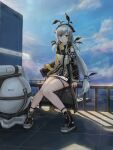  1girl absurdres arknights closed_mouth cloud day detached_sleeves full_body grey_hair hair_ornament highres hua_ming_wink jacket long_hair long_sleeves looking_at_viewer low-tied_long_hair low_ponytail outdoors red_eyes ribbon shoes sitting sky solo tail thigh_strap weedy_(arknights) 