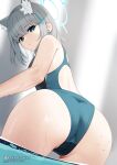  1girl animal_ear_fluff animal_ears ass ass_focus bangs bare_arms bare_shoulders blue_archive blue_eyes blue_swimsuit cameltoe closed_mouth ear_piercing ett from_behind grey_hair hair_ornament halo highres looking_at_viewer looking_back medium_hair one-piece_swimsuit patreon_username piercing shiroko_(blue_archive) shiroko_(swimsuit)_(blue_archive) solo swimsuit wet 