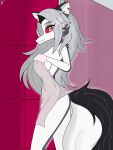  anthro bathroom breasts canid canid_demon canine canis clothed clothing demon diegosagiro digital_media_(artwork) female fur hair hellhound helluva_boss hi_res long_hair loona_(helluva_boss) mammal nude red_sclera solo towel towel_only wet white_body white_fur 