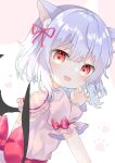  1girl :d animal_ear_fluff animal_ears bangs bat_wings black_wings cat_ears fang hair_ribbon heart heart-shaped_pupils highres looking_at_viewer open_mouth pafe_yuzuran petticoat pink_shirt purple_hair red_eyes red_ribbon remilia_scarlet ribbon shirt short_hair simple_background skin_fang smile symbol-shaped_pupils touhou upper_body white_background wings 