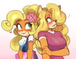  &lt;3 activision anonymous_artist anthro blonde_hair blush breasts clothing coco_bandicoot computer crash_bandicoot_(series) duo female female/female flustered fur green_eyes hair laptop lipstick long_hair looking_at_another makeup overalls ponytail smile tawna_bandicoot video_games 