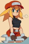  1girl blonde_hair breasts brown_gloves crop_top gloves green_eyes highres looking_at_viewer medium_breasts mega_man_(series) mega_man_legends navel red_headwear red_shorts roll_caskett_(mega_man) short_shorts shorts sleeveless solo sweat wamudraws wrench 