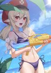  1girl :d absurdres alternate_costume bangs bare_shoulders beach bikini black_bikini blue_skirt breasts cabbie_hat cleavage cloud cloudy_sky clover_print collarbone commentary_request fuyoko genshin_impact hair_between_eyes hat hat_feather hat_ornament highres holding holding_water_gun horizon klee_(genshin_impact) lens_flare light_brown_hair long_hair looking_at_viewer low_twintails navel ocean pointy_ears red_eyes side-tie_bikini sidelocks skirt sky smile solo spaghetti_strap stomach summer sun sunlight swimsuit twintails water_gun 