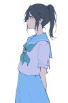  1girl arms_behind_back black_hair blue_eyes blue_neckerchief blue_sailor_collar blue_skirt closed_mouth curecu8 expressionless from_side hibike!_euphonium highres kasaki_nozomi kitauji_high_school_uniform liz_to_aoi_tori long_hair neckerchief pleated_skirt ponytail sailor_collar school_uniform serafuku shirt short_sleeves skirt solo standing white_background white_shirt 