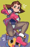  1girl black_legwear brown_hair crotch_plate forehead green_background green_eyes hairband highres holding jacket mega_man_(series) mega_man_legends pantyhose pink_hairband pointing servbot_(mega_man) solo_focus tron_bonne_(mega_man) wamudraws 