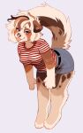  2019 anthro barefoot biped blonde_hair blush bottomwear breasts brown_hair canid canine clothing digital_media_(artwork) ear_piercing eyelashes feet female folded_ears hair hi_res hindpaw jush looking_at_viewer mammal multicolored_hair pattern_clothing pattern_shirt pattern_topwear paws piercing pink_tongue raised_tail shaded shirt simple_background skirt solo standing striped_clothing striped_shirt striped_topwear stripes tan_hair tongue tongue_out topwear 