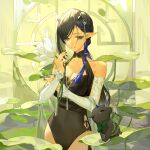  1girl arknights baku_(creature) black_hair black_nails blacknight_(arknights) blacknight_(summer_flowers)_(arknights) blue_hair breasts casual_one-piece_swimsuit cowboy_shot detached_sleeves eyebrow_piercing flower green_eyes hair_extensions hair_ornament highres holding holding_flower horns large_breasts looking_at_viewer lotus mole mole_on_breast mole_on_shoulder multicolored_hair official_alternate_costume one-piece_swimsuit parted_lips piercing plant pointy_ears smile solo strapless strapless_swimsuit streaked_hair swimsuit tassel tassel_hair_ornament white_flower white_sleeves ziyiganmu 