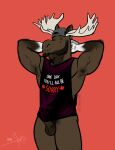  anthro antlers backwards_hat balls bgn bottomless capreoline cervid clothed clothing digital_media_(artwork) erection erection_under_clothing fur genitals hair hands_behind_head hat headgear headwear hi_res horn looking_at_viewer male mammal moose muscular muscular_anthro muscular_male nude penis shirt shirt_only simple_background smile solo text topwear topwear_only 