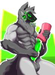  anthro big_penis clothed clothing fur genitals green_penis hi_res looking_at_viewer machine male mammal penetrable_sex_toy penis protogen sex_toy simple_background solo synth07 