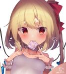  1girl bangs blonde_hair blush chisiro_unya_(unya_draw) condom condom_in_mouth crystal flandre_scarlet furrowed_brow hair_ribbon mouth_hold no_hat no_headwear one_side_up pointing red_ribbon ribbon school_swimsuit short_hair solo swimsuit touhou upper_body white_swimsuit wings 