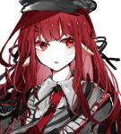  1girl arknights black_headwear collared_shirt hat highres necktie open_mouth pointy_ears red_eyes red_hair red_necktie shiosan shirt simple_background sketch solo uniform upper_body vigna_(arknights) white_background white_shirt 