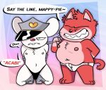  2022 acab anthro black_nose bulge clothing dialogue domestic_cat duo english_text felid feline felis goro_(mappy) hat headgear headwear hi_res leash male male/male mammal mappy mappy_(character) mouse murid murine overweight overweight_male police_hat politics red_body red_nose rodent salamikii shiftylook text underwear video_games white_body 