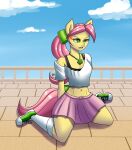  2022 angry anthro anthrofied bottomwear clothing digital_media_(artwork) earth_pony equid equine eyelashes female footwear green_eyes hair hasbro hi_res horse jewelry mammal mlp_g5 my_little_pony navel necklace pink_hair pink_tail pony ponytail posey_(g5) shoes skirt socks solo topwear yellow_body yellow_skin zachc 