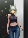 1girl alternate_costume animal_ear_fluff animal_ears arknights artist_name bare_shoulders black_background blue_pants breasts casual cat_ears closed_mouth collarbone cowboy_shot dated denim gradient_hair green_eyes green_hair grey_background grey_hair highres holding holding_syringe jeans kal&#039;tsit_(arknights) large_breasts looking_at_viewer multicolored_hair navel pants ronjou14 signature single_sidelock sleeveless solo stomach syringe two-tone_background v-shaped_eyebrows wristband 