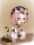  1girl absurdres alcohol animal_ears beer beer_bottle beer_mug cat_ears cat_girl cat_tail cup diona_(genshin_impact) drunk genshin_impact hair_tie hat highres mug non-web_source open_mouth pink_hair short_hair tail 