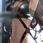  1girl a4-kalajiao arknights arms_up black_scarf black_shirt breasts cleavage cropped_shirt grey_hair looking_at_viewer lower_body medium_breasts navel scarf schwarz_(arknights) shirt solo stomach sweat weibo_logo weibo_username 