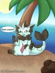  2022 beach digital_media_(artwork) eeveelution english_text feral genitals hi_res hibiscusparadise_(artist) looking_at_viewer male nintendo open_mouth outside palm_tree penis plant pok&eacute;mon pok&eacute;mon_(species) presenting seaside simple_background smile solo teasing text tree vaporeon video_games 